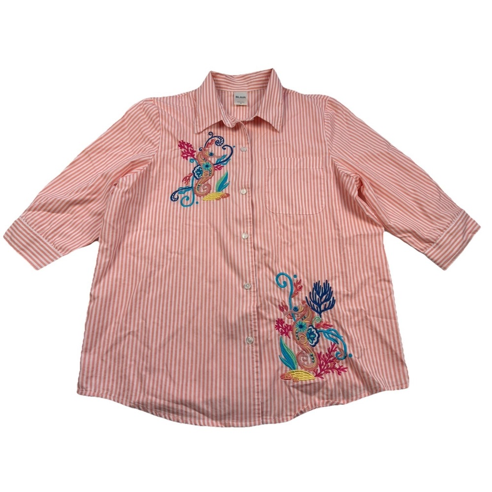 Blair Women's Coral Pink White Striped Embroidered Button-Up Shirt 3/4 Sleeve M